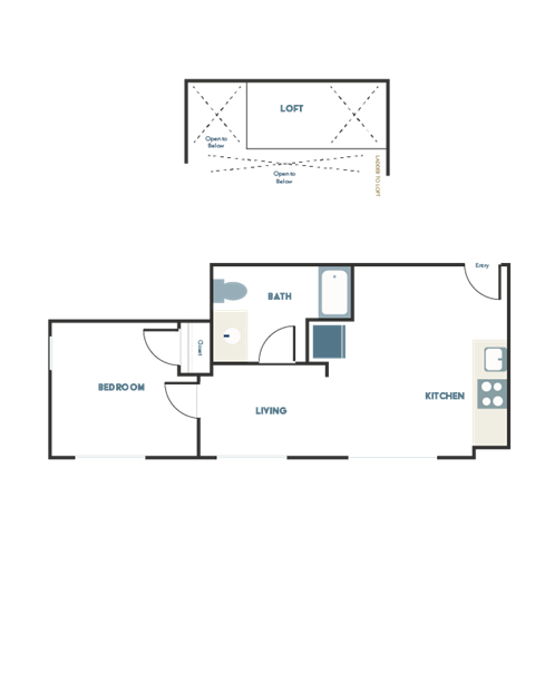 A floor plan of a house with a bedroom, bathroom, living room and kitchen.